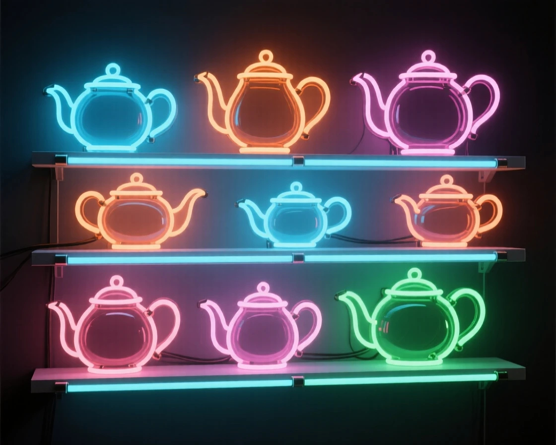 A collection of teapots of every shape displayed on open shelving.