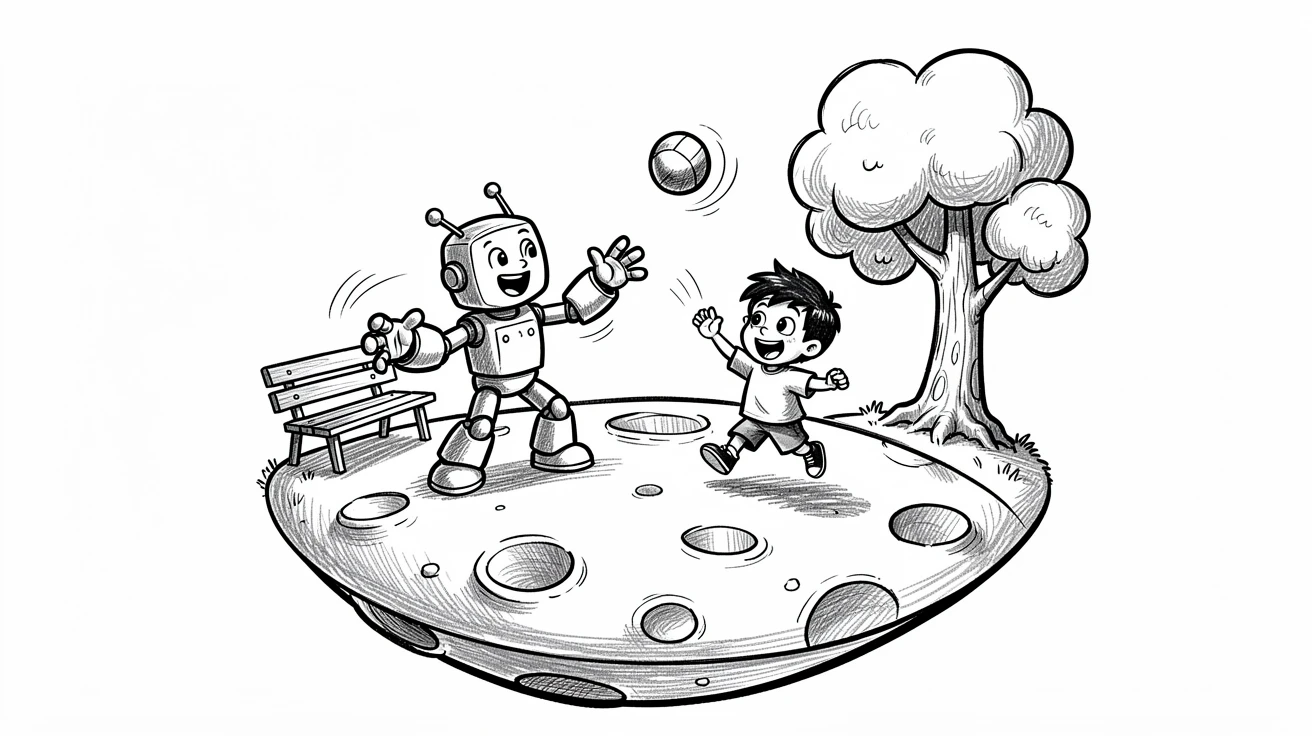 A robot playing catch with a child in a park on the surface of a cheerful cartoon moon.