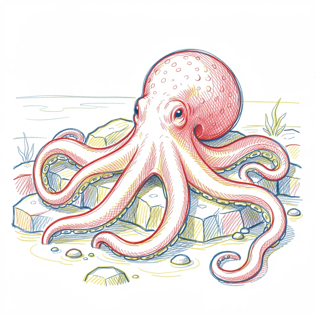 A giant Pacific octopus exploring a rocky tide pool at low tide
