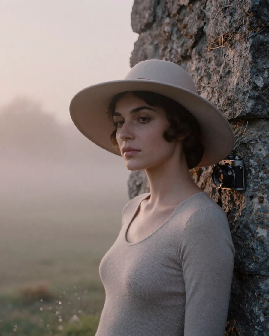 A model in a wide-brimmed hat posing beside an old stone wall, in the pale light just before sunrise, as mist rises off the ground, in the mild days of early autumn, in soft muted pastels, in a tight close-up.