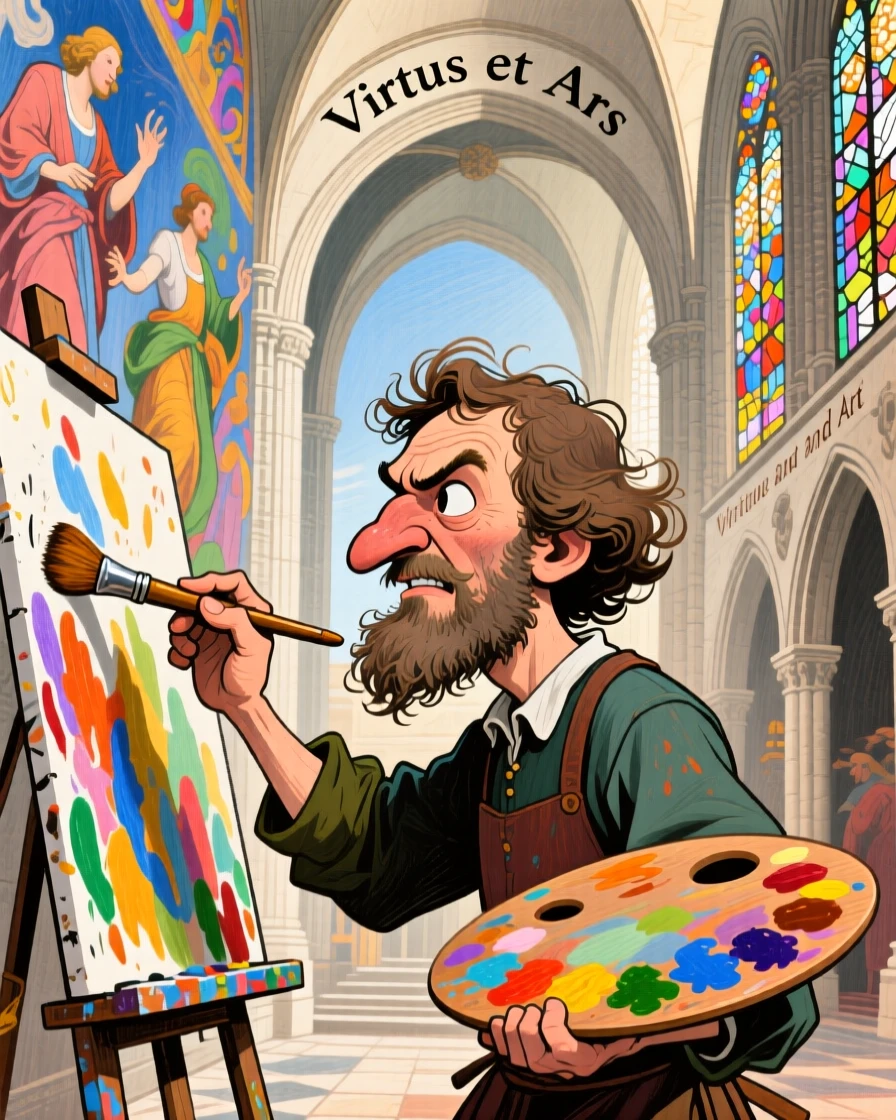 A Renaissance-era painter working intently on a grand mural inside a cathedral.
