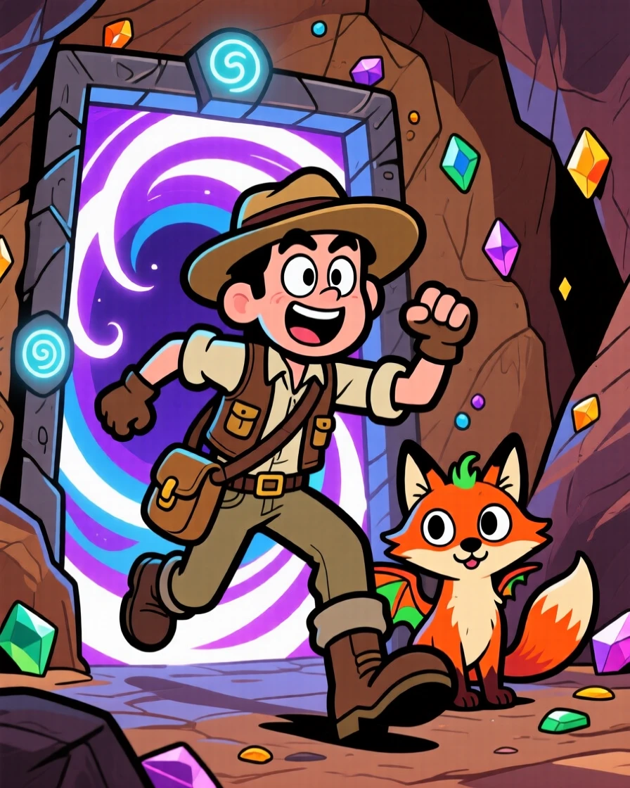 An imaginative fantasy scene of a fearless treasure hunter discovering a portal shimmering with otherworldly light, with a loyal companion creature close behind.