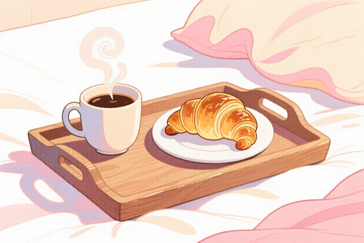 A cozy, appetizing, rustic and comforting scene of a cozy breakfast tray with coffee and croissants in bed