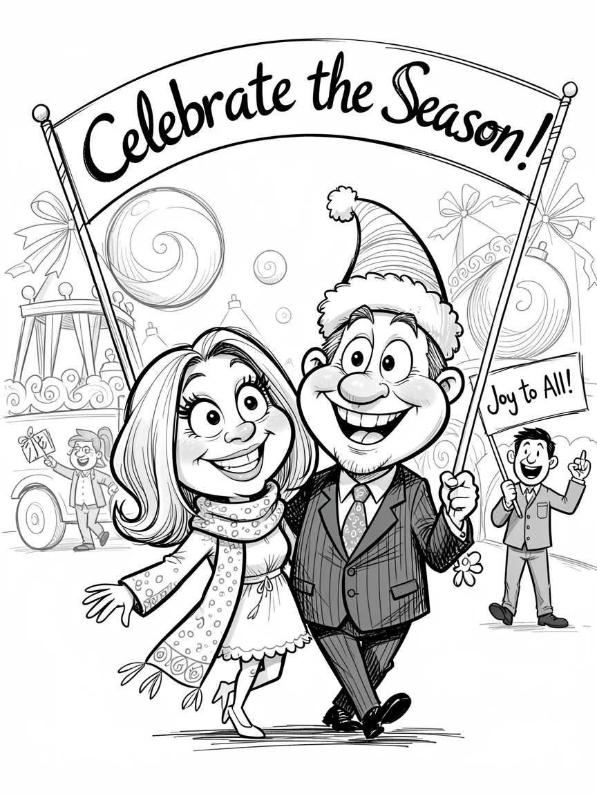 [Seasonal Holidays & Celebrations] Festive scene of a festive couple parading with festive floats and banners, full of celebration and joy