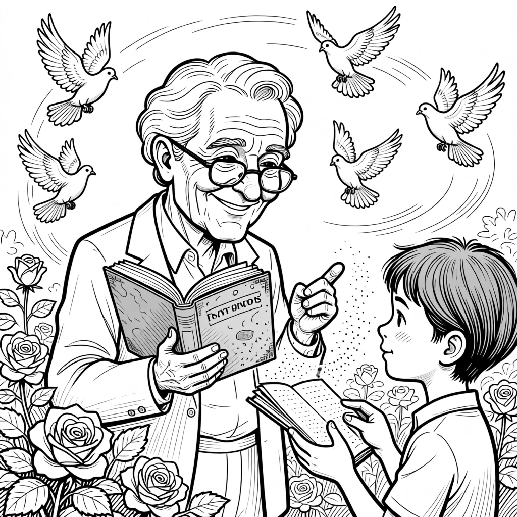 An old librarian recommending a favorite dusty novel, guiding flour-dusted hands through a familiar motion, set in a garden bursting with prize roses. Pigeons flutter in a happy, chaotic circle. It captures the quiet joy of passing traditions down.