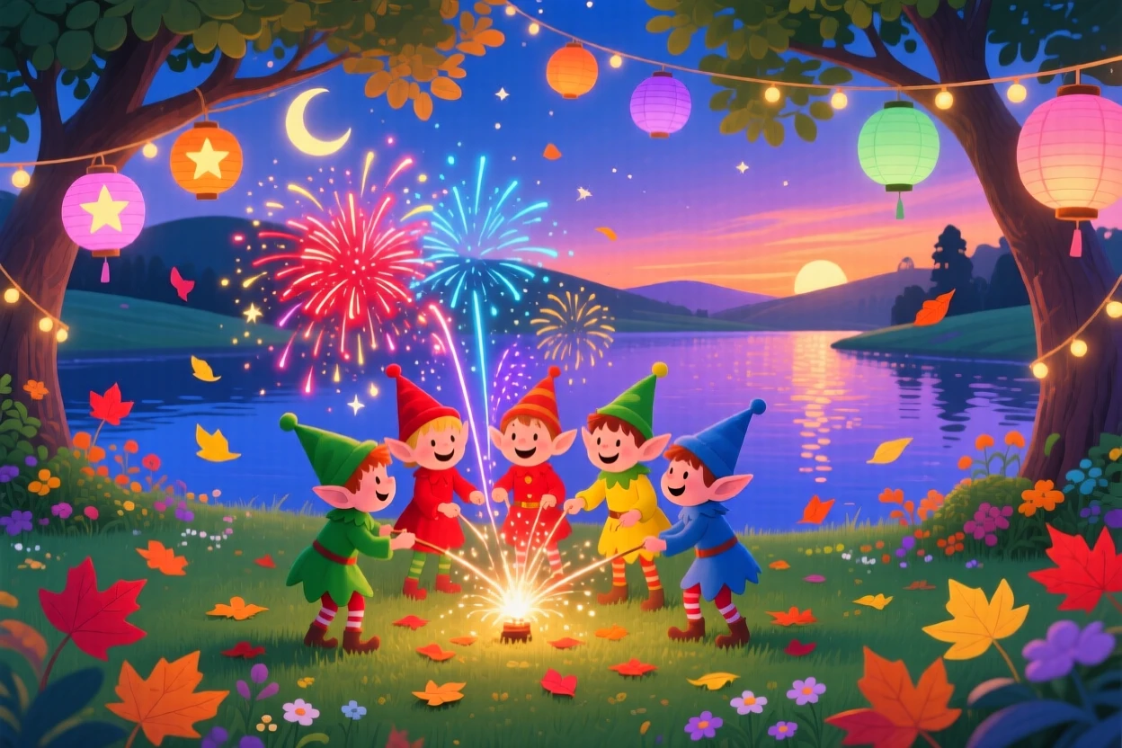 A group of cheerful elves gather in a lantern-strung garden, lighting fireworks over a summer lake, as colorful leaves swirl through the air.