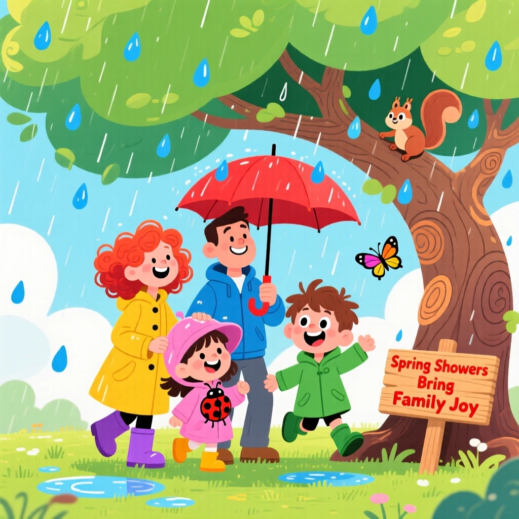 A family sheltering under a large tree during a light spring shower.