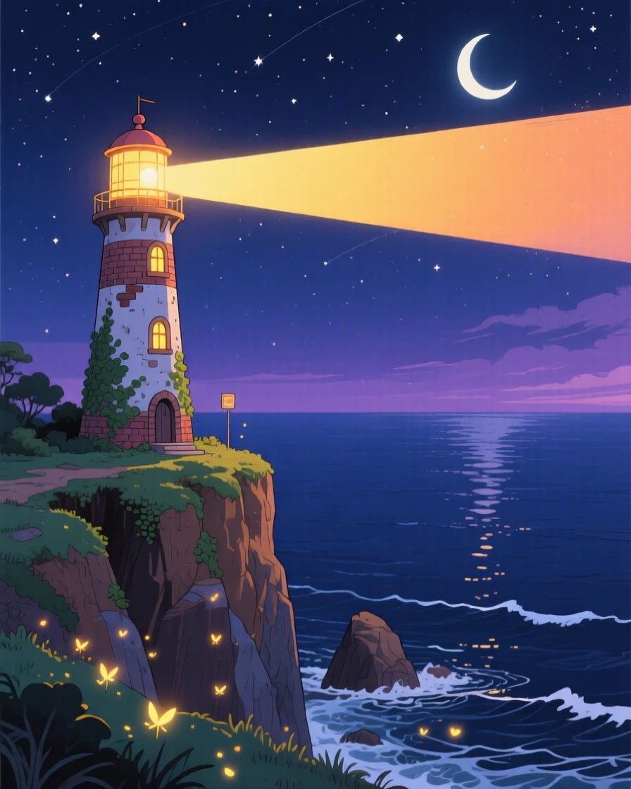 A nighttime scene of a lighthouse beam sweeping across a dark, calm sea, dreamlike beneath the stars.