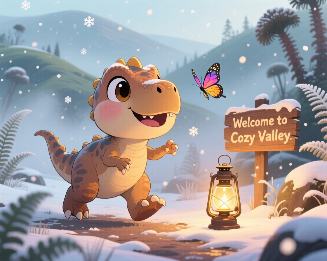 Full-body shot: a friendly baby T-rex, chasing a butterfly with tiny stomping steps, set against a misty prehistoric valley during a cozy winter snowfall, with warm lamplight and a mood of brave confidence.