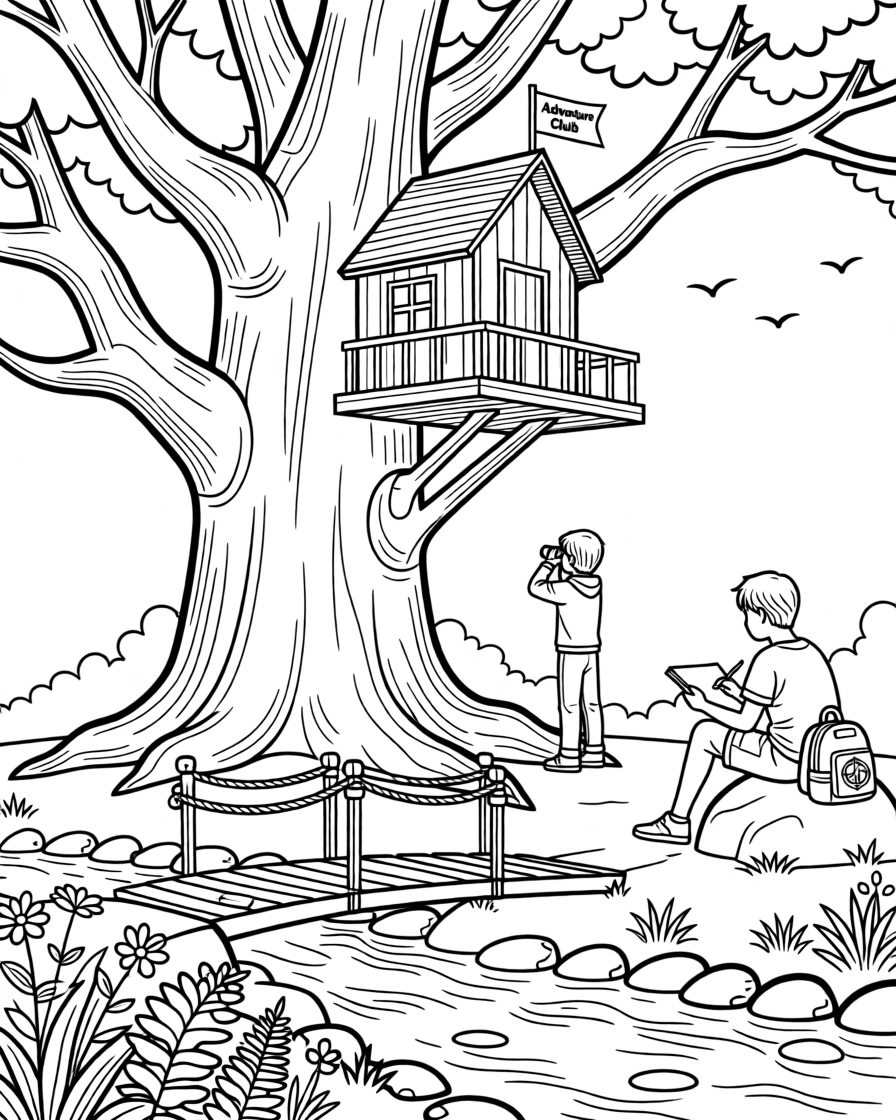 A treehouse built high in an ancient oak, with a small wooden bridge crossing a stream nearby.