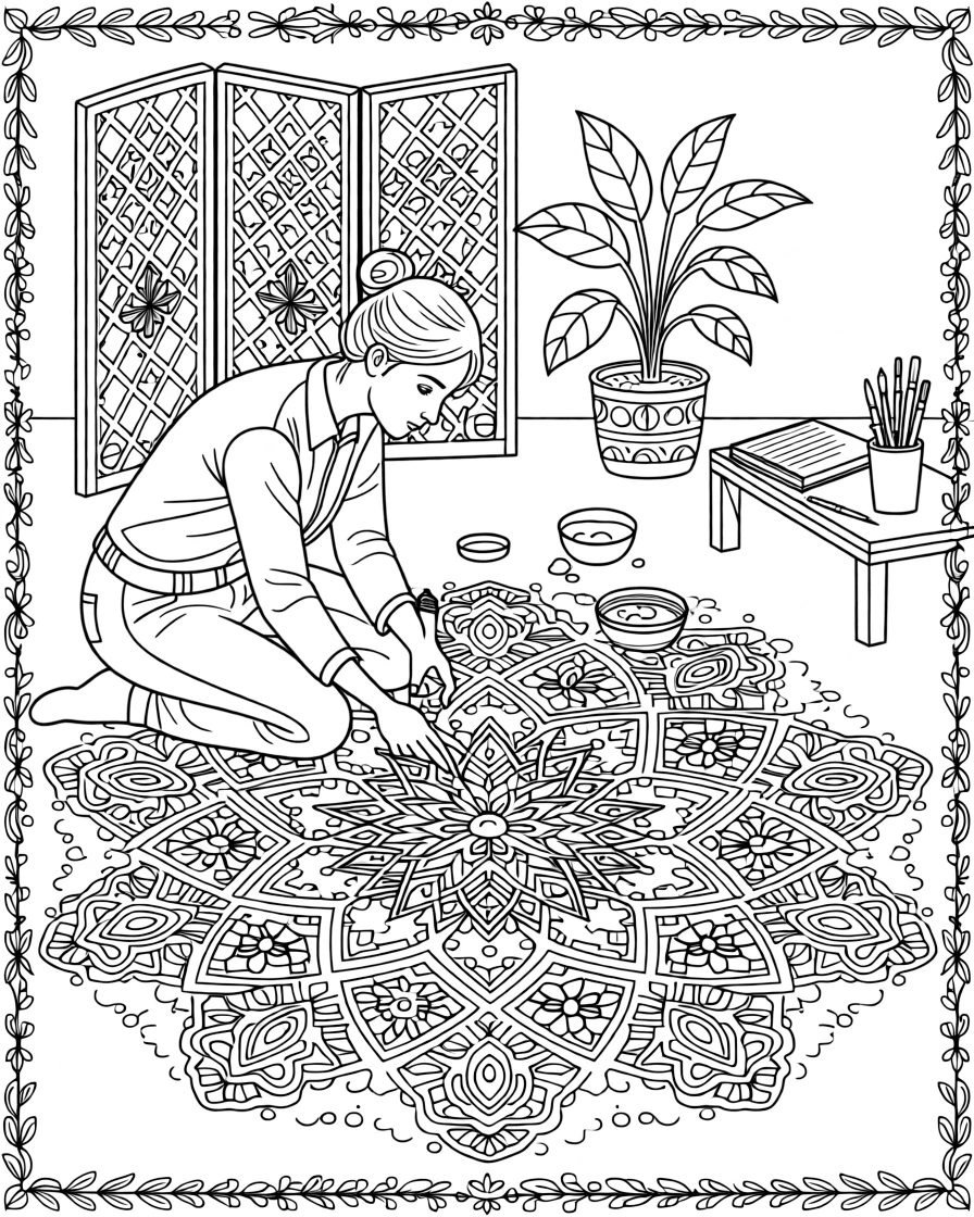 An artist arranging colorful powder into a floor pattern.