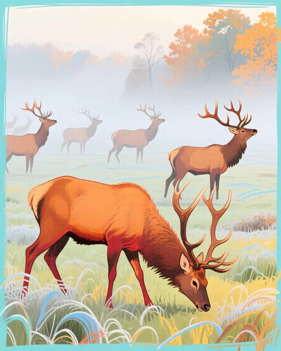 A herd of elk stretching in the morning light in a misty morning field on a crisp autumn day.