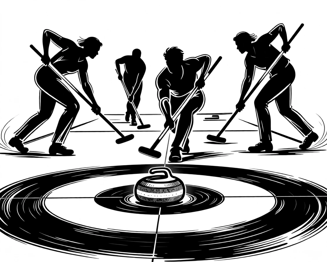 A curling team sweeping intensely ahead of a sliding stone.