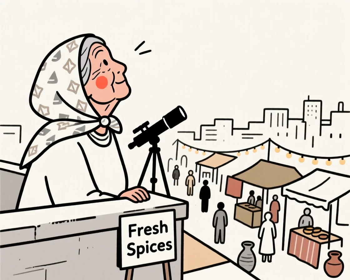 A grandmother of Egyptian heritage stargazing from a rooftop, in a bustling city market.