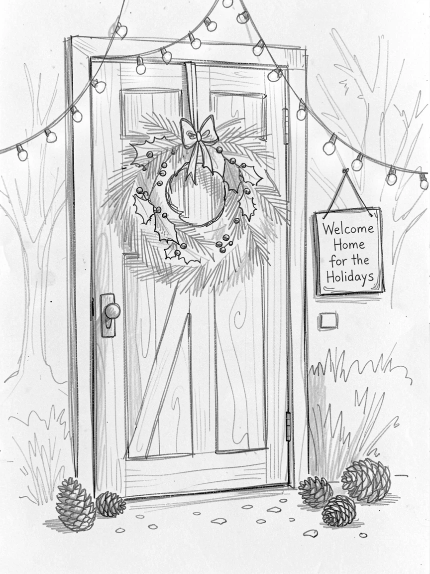 A joyful holiday moment: a wreath hanging on a rustic wooden door in a warmly lit backyard, with an atmosphere of celebration and togetherness.