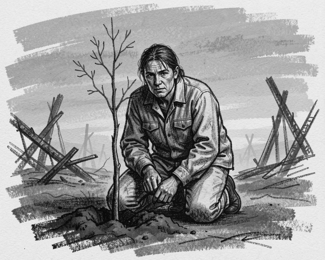 A survivor planting a tree at the site of a tragedy, looking forward, as the last light of day fades to dusk.