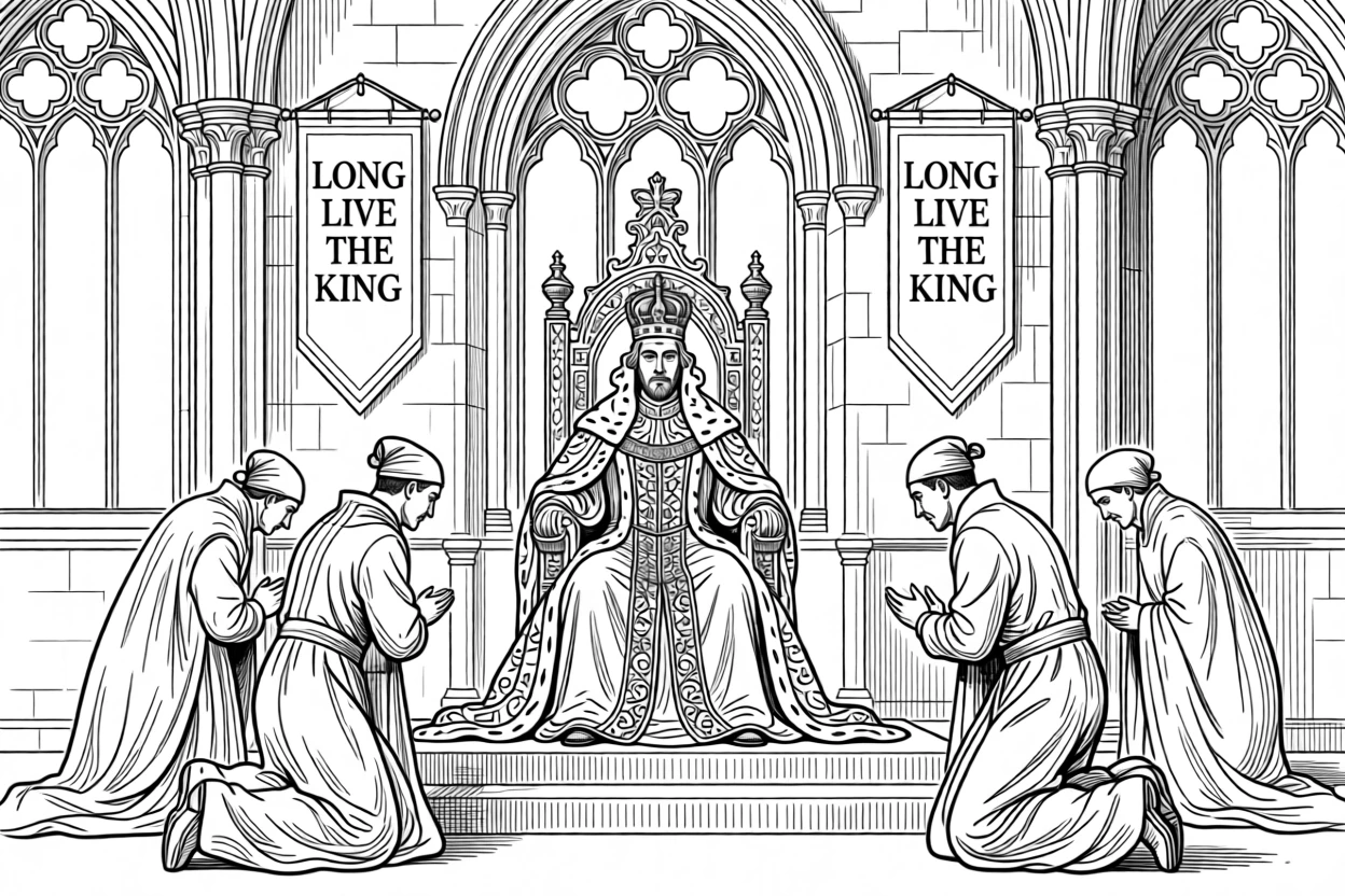 A traditional royal coronation ceremony inside a grand historic hall.