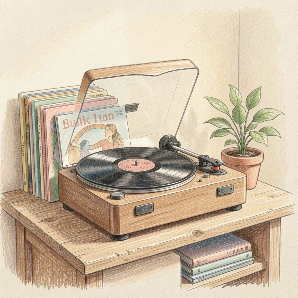 A cozy nook with a record player and stacks of vinyl albums, with delicate details that reward a closer look, capturing a quiet story that lingers with the viewer.