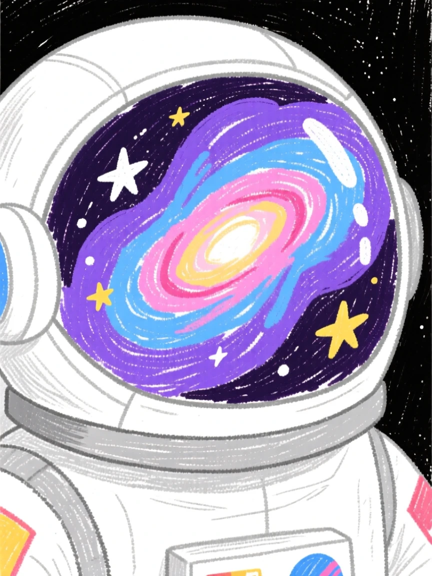A swirling nebula reflected in the visor of a spacesuit.