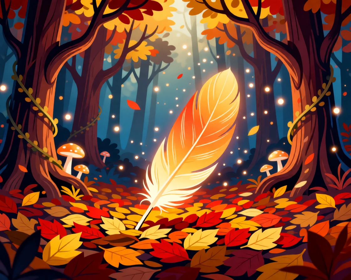 A phoenix feather glowing softly on a bed of autumn leaves, surrounded by an enchanted forest alive with soft light, composed with layered depth creating a vast fantastical world, with subtle magical particles drifting through the air.