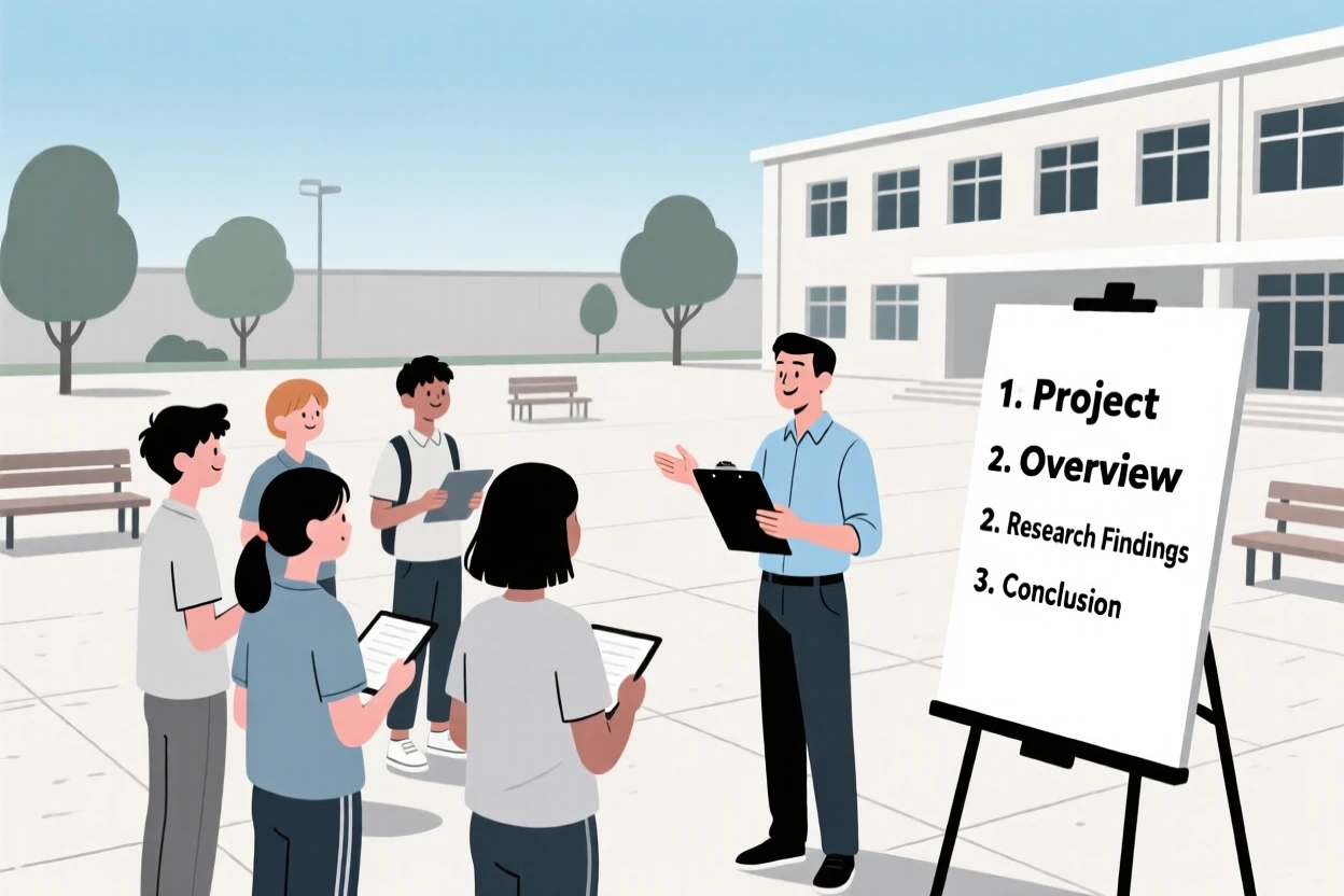 A group of students practicing a presentation in a school courtyard.