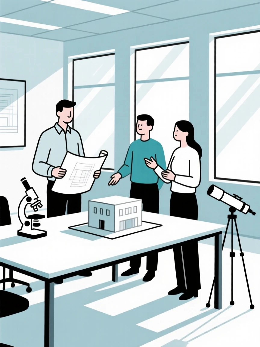 An architect collaborating with colleagues in a bright open office, near scientific instruments, full of collaborative energy.