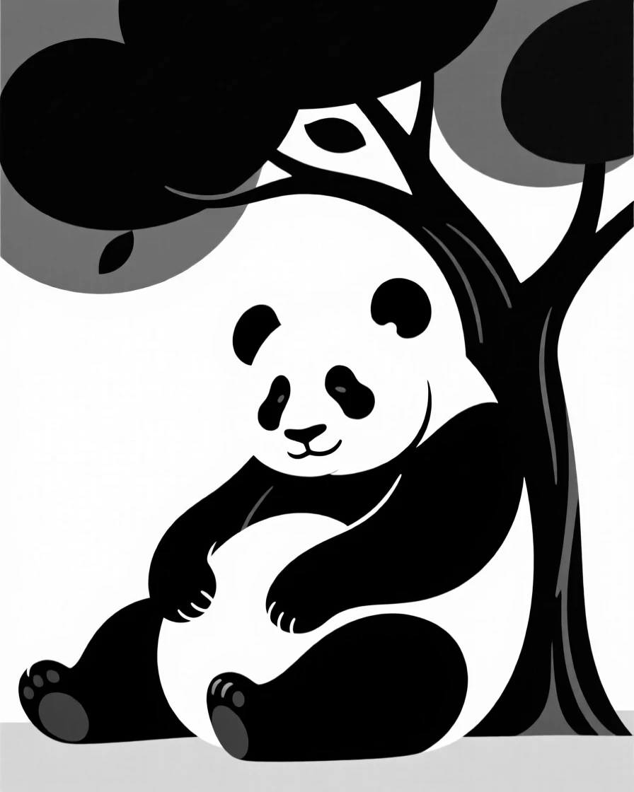 A giant panda resting beneath a shady tree.