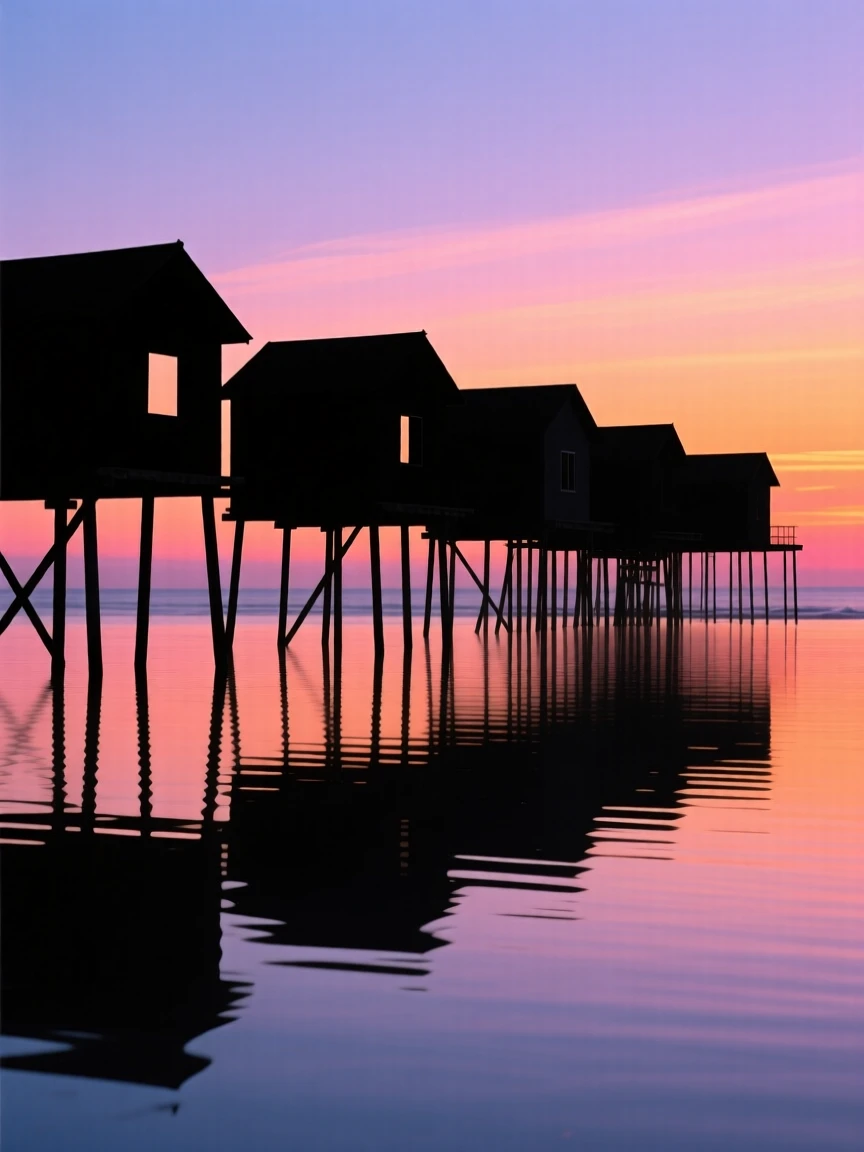 A row of stilted houses built out over calm coastal water.