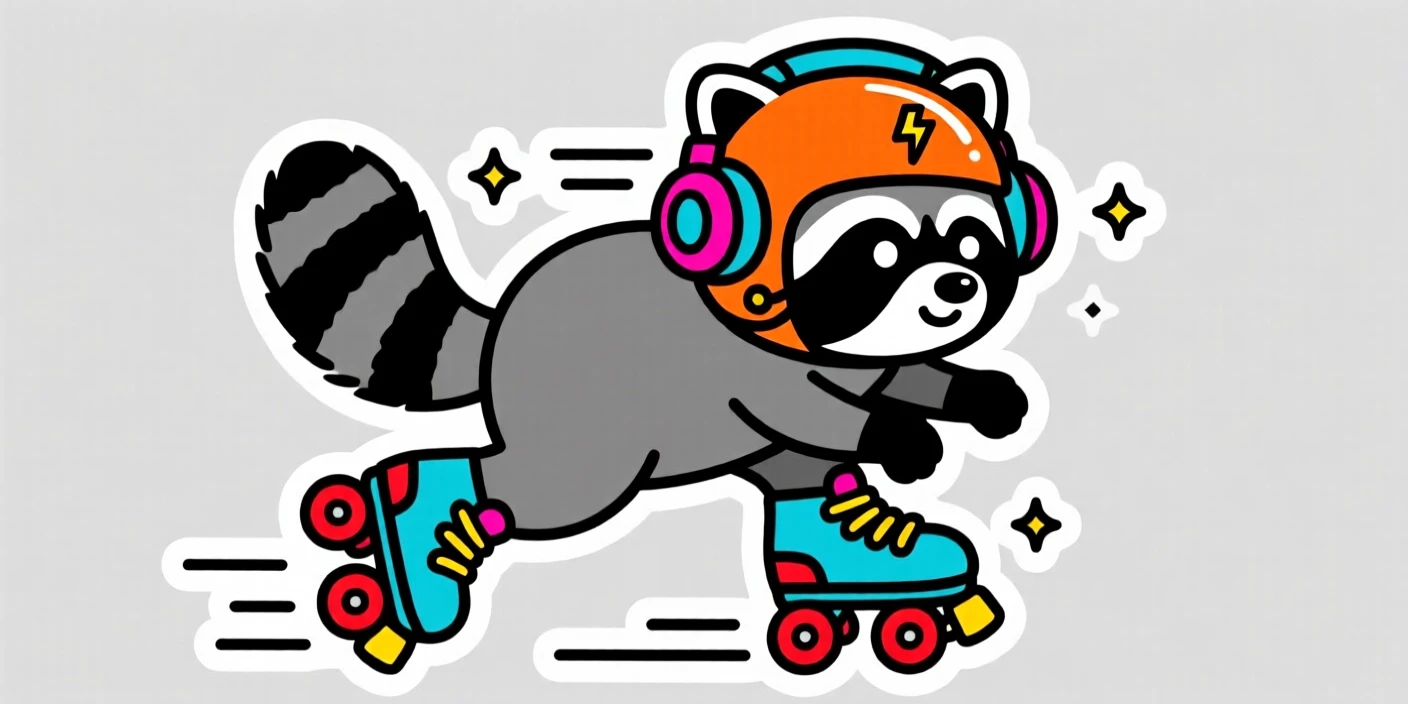 A brightly stylized retro roller-skating raccoon with headphones on, ready for the next big adventure, during a thrilling made-up quest.