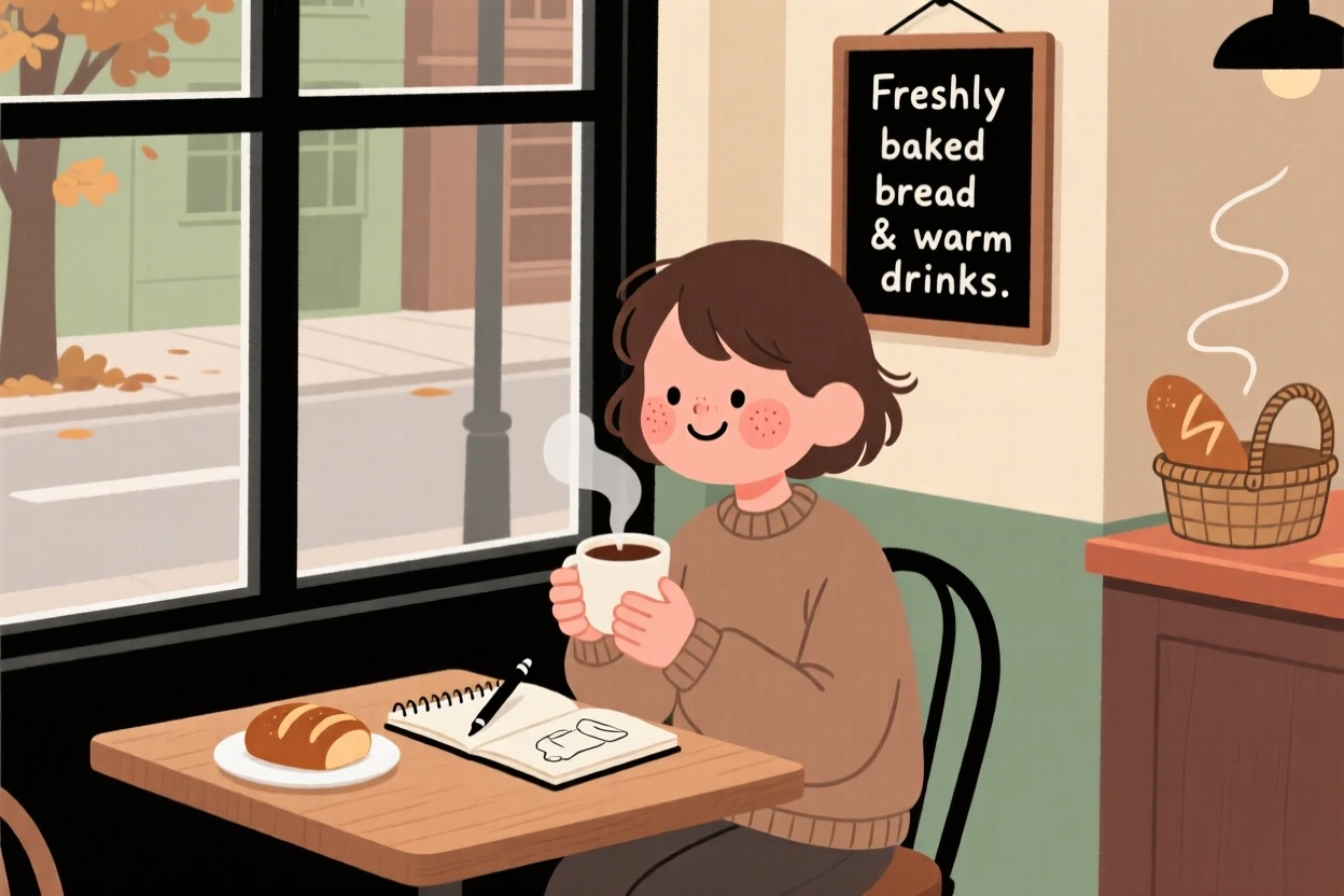 A young writer sits by the window of a small corner café, sipping a warm drink as the smell of baking bread fills the air.