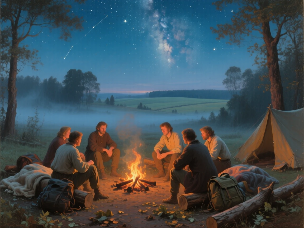 A wide establishing shot of a group of campers gathered around a fire beneath a starlit sky, in rural Poland, in thick fog.