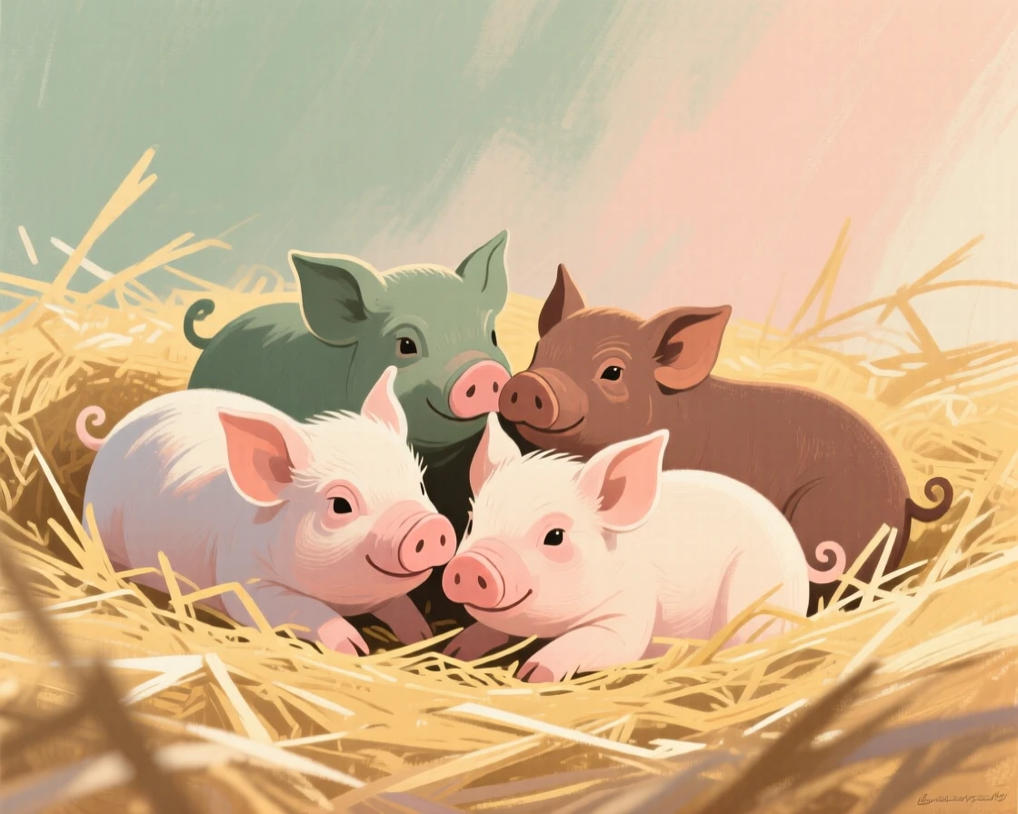 A litter of piglets huddled together in golden straw