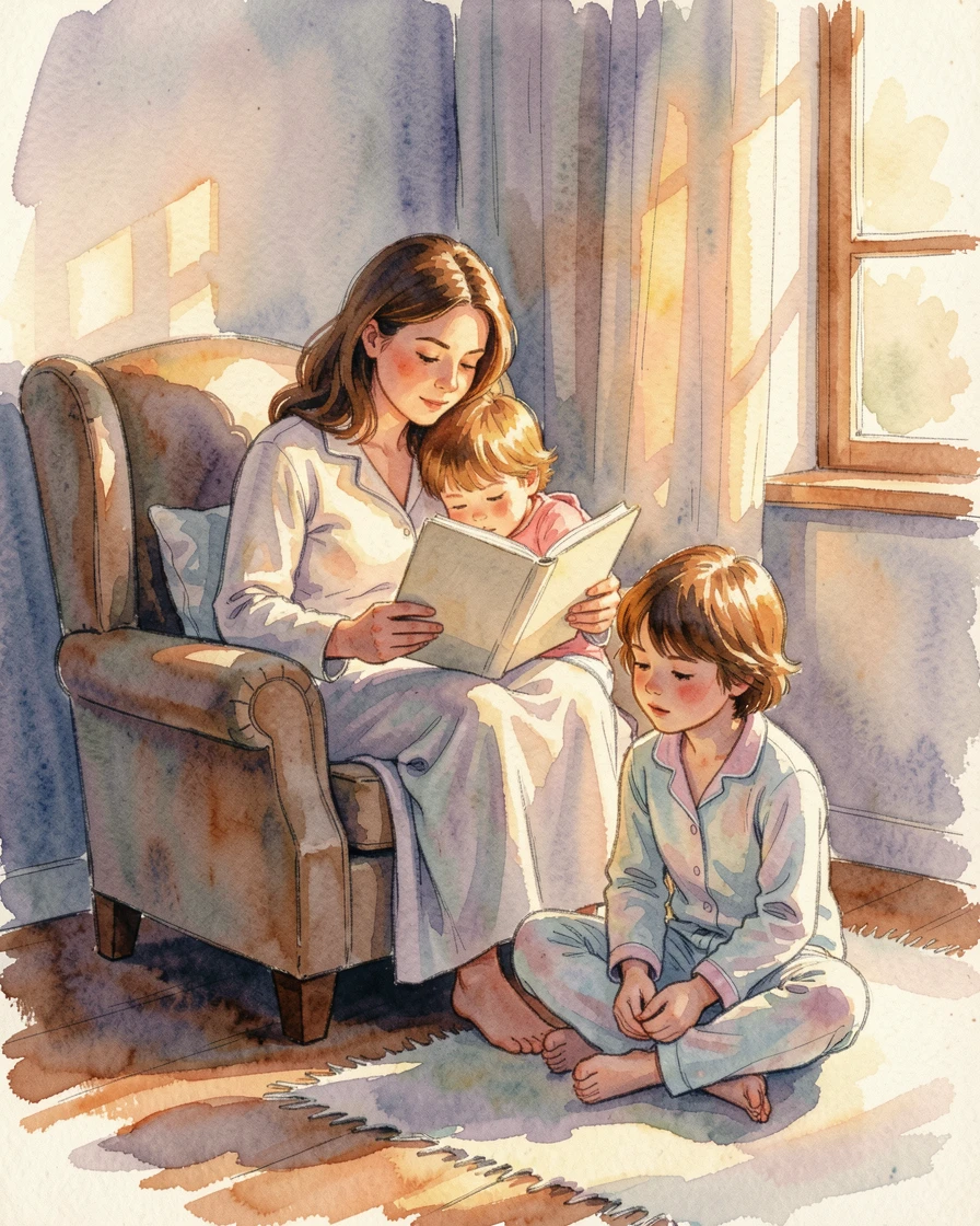 A mother reading a bedtime story to her children as golden light bathes the scene.