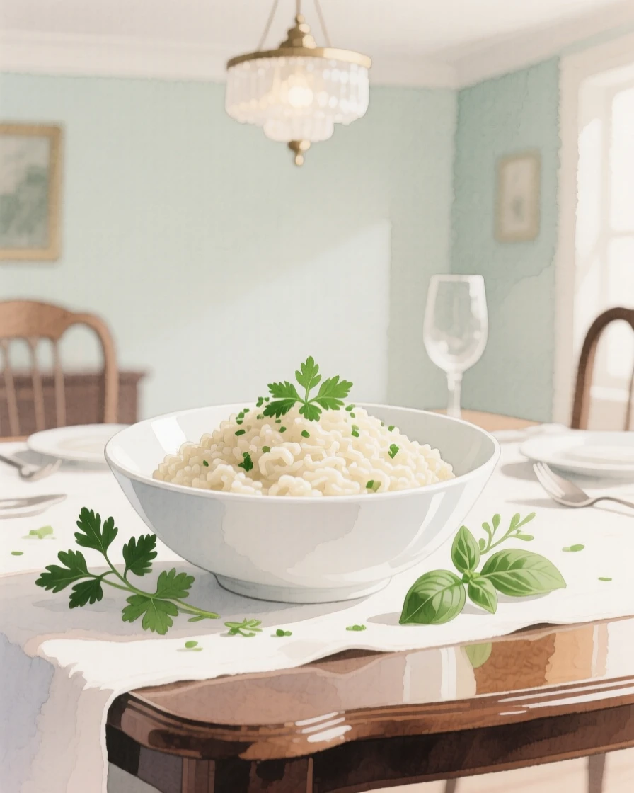 A bowl of creamy risotto sits with fresh herbs scattered around it in an elegant dining room, arranged beautifully for a delightful meal
