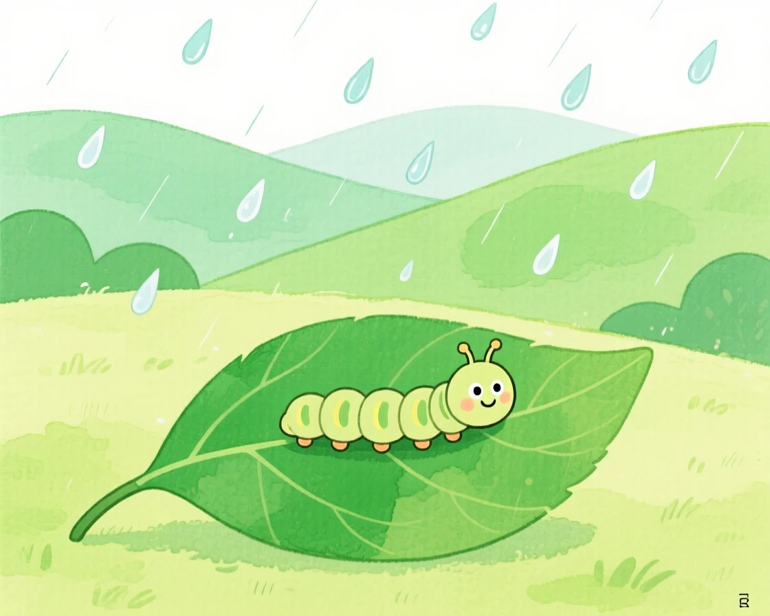 A caterpillar inching along a leaf discovering something new in a rolling green hillside during a gentle rain.
