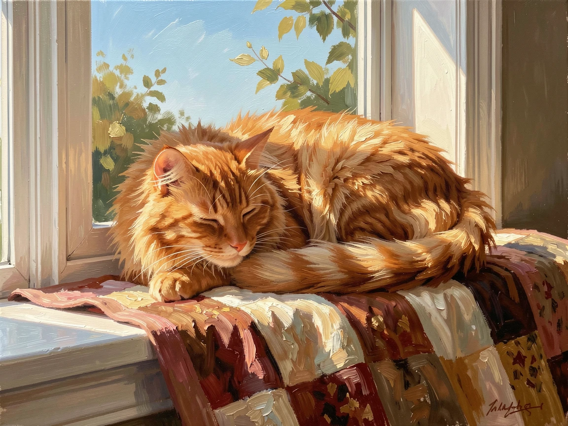 On a bright, sunny afternoon, a fluffy orange cat curled up on a windowsill, atop a soft quilt in a sun-warmed bedroom, it curling up contentedly for a nap.