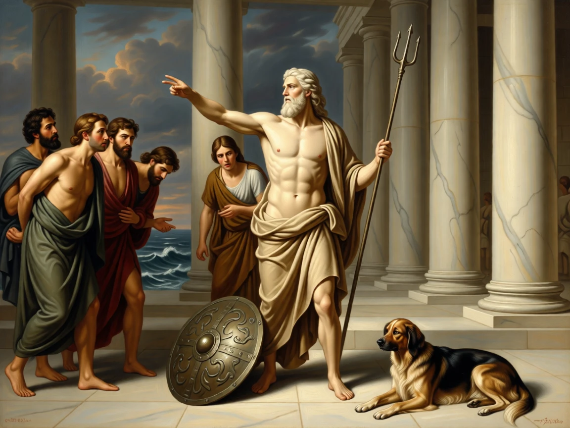 The sea god Poseidon summoning a storm to part the waves while onlookers lean forward in astonishment, set against the marble columns of an ancient temple, with a faithful hound and a fallen shield resting nearby; the composition centers the hero in a pyramid of surrounding figures, capturing the timeless clash of glory and mortality.