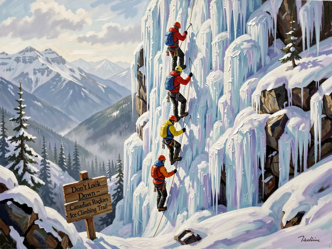 A group of ice climbers scales a frozen waterfall in the Canadian Rockies, ice axes glinting in the pale winter sunlight, the vast surrounding landscape emphasizing the scale of the journey being undertaken.