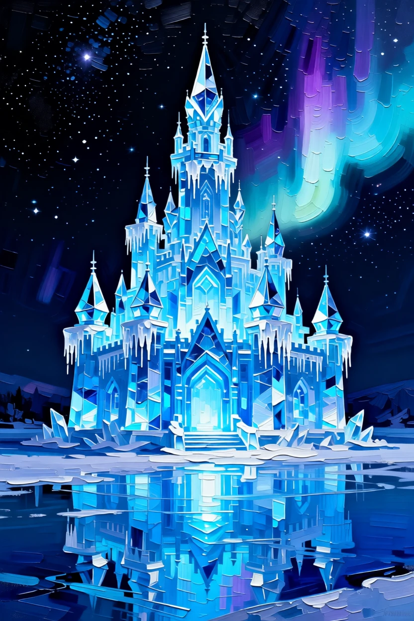 A frozen palace of ice and crystal glowing from within with soft blue light
