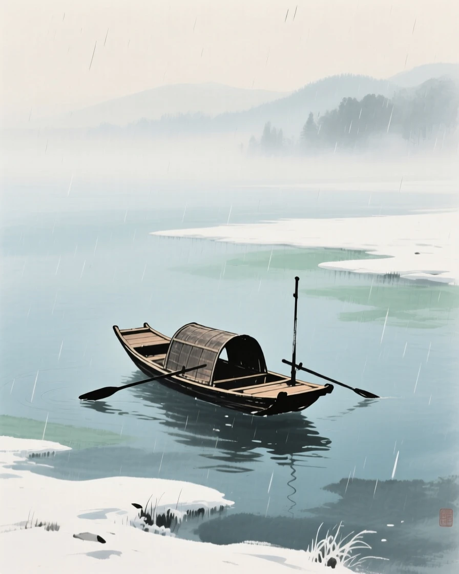 A single boat drifting alone on a vast, mist covered lake, as winter frost settles, in a gentle drizzle.