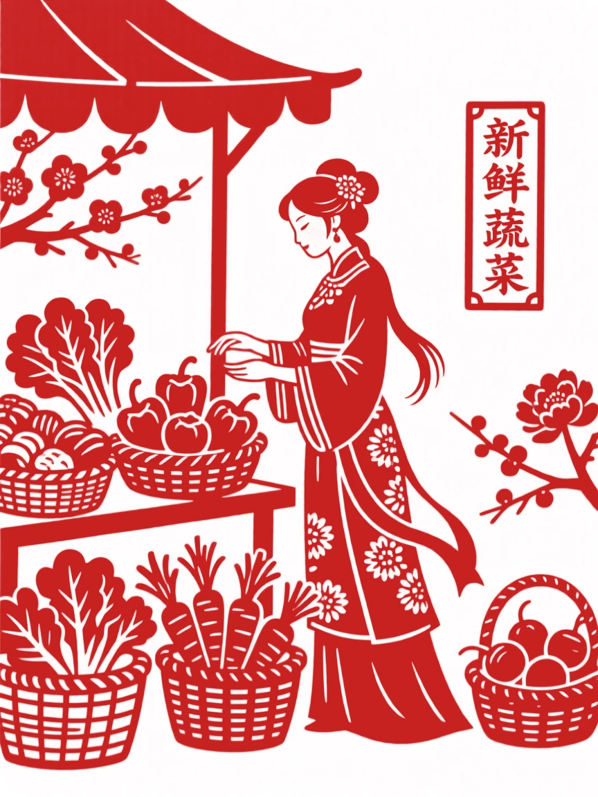A woman selecting fresh vegetables at an open-air market stall, baskets brimming with color