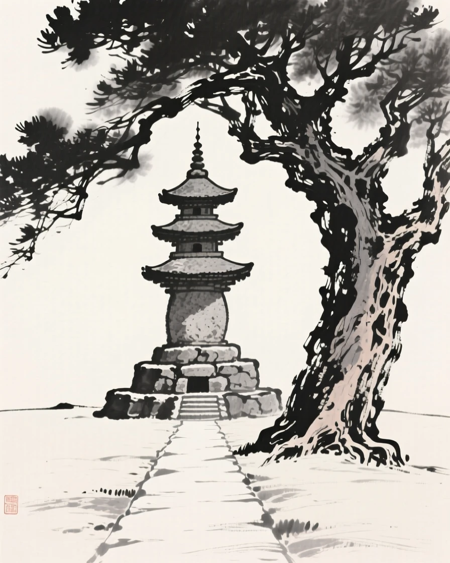An ancient stone pagoda beneath the shade of an ancient tree, framed symmetrically along a central path, conveying quiet reverence for the past.