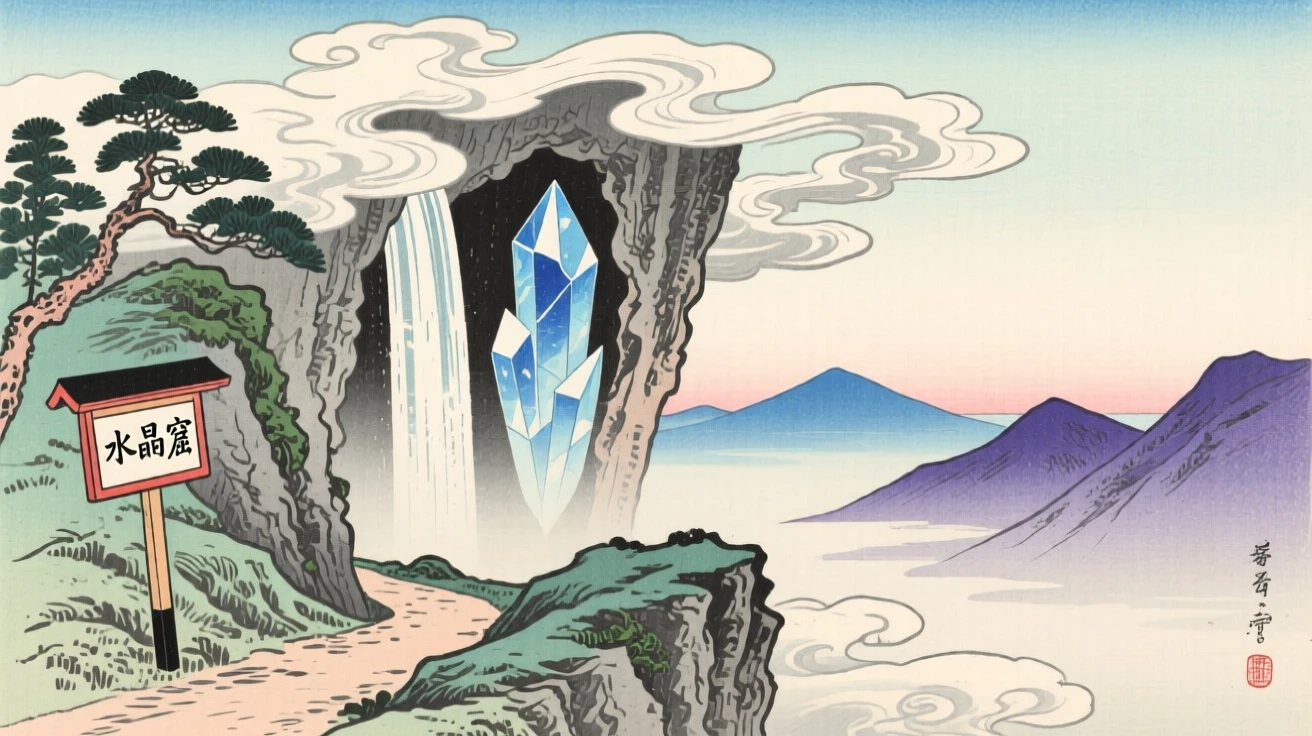 A hidden waterfall entrance to a crystal grotto, suspended high above the clouds.