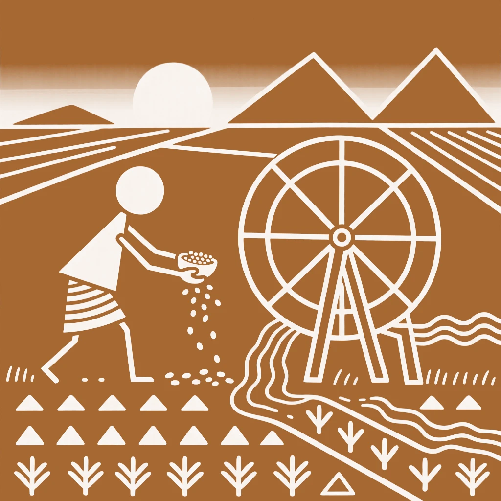 A farmer sowing seeds at dawn irrigating a field using a hand-drawn water wheel.