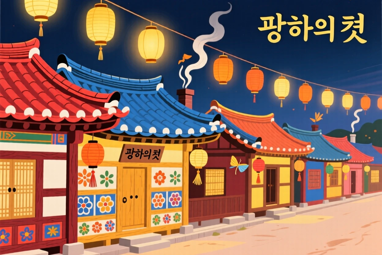 A row of traditional houses, under the soft glow of lantern light.