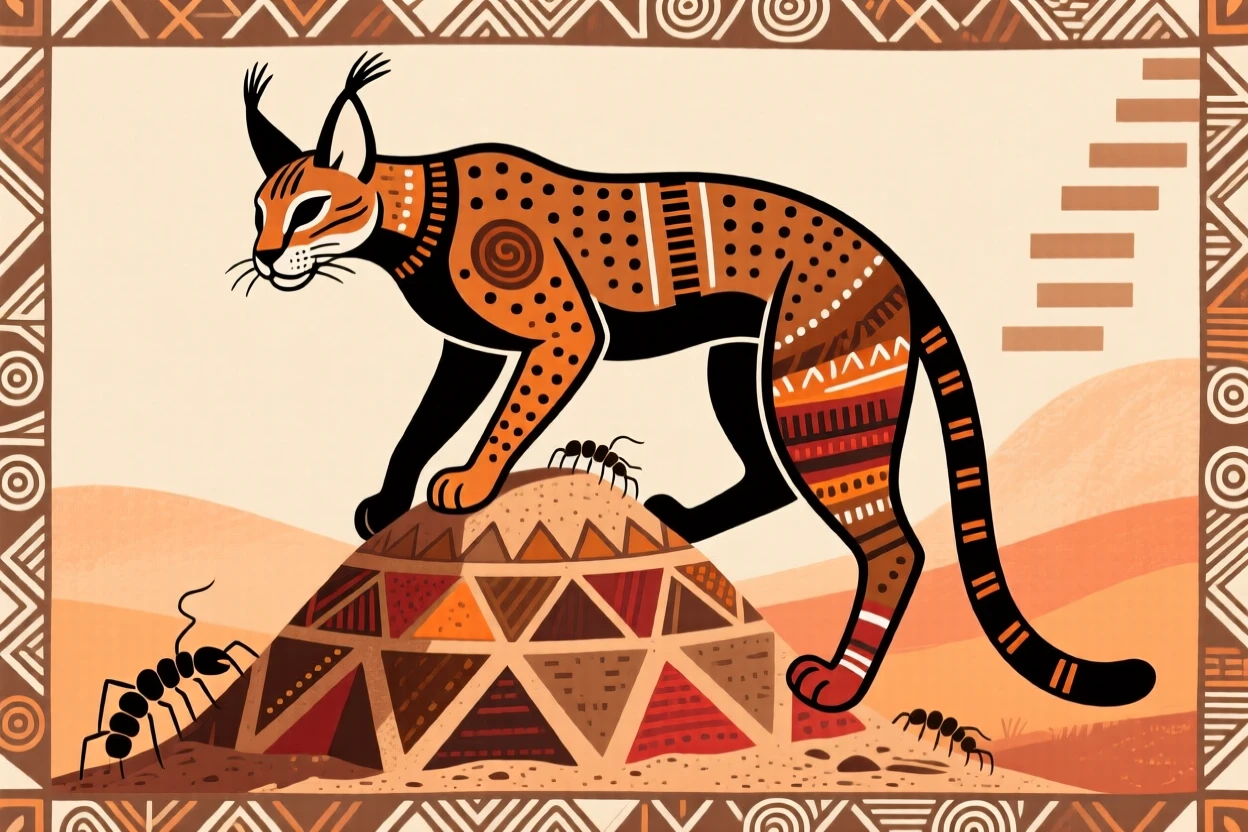 A caracal climbing a termite mound.