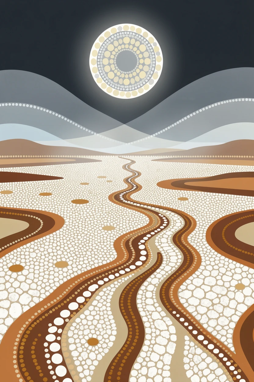A moonlit salt desert shrouded in morning mist