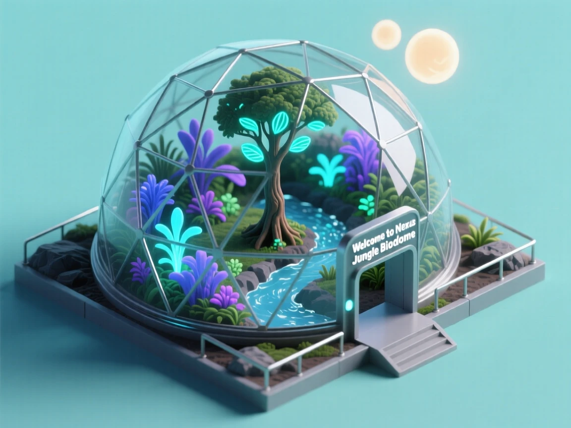 A terraformed jungle biodome on a distant planet, exotic glowing plants thriving under an artificial twin sun.