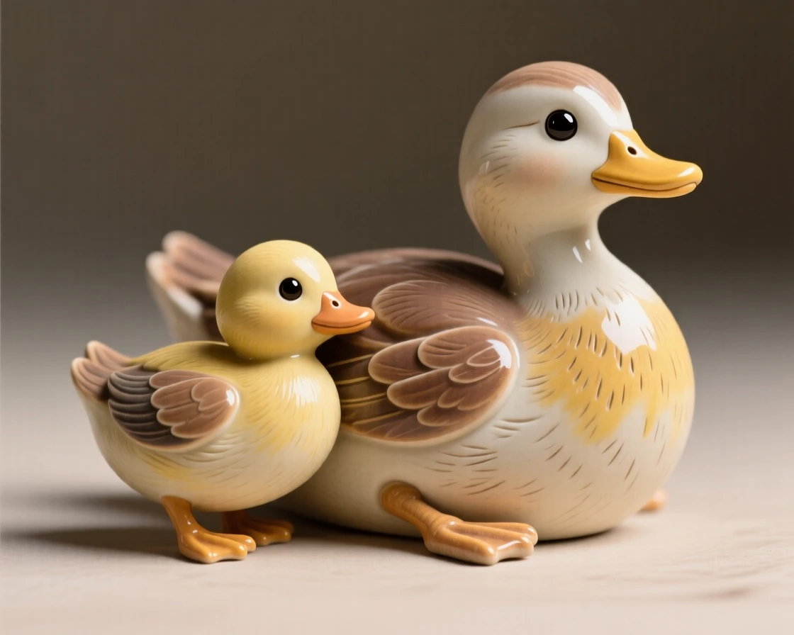 A tiny duckling following its mother in a row nestled cozily against a warm companion, with big round eyes full of innocent wonder, evoking pure, heartwarming sweetness.