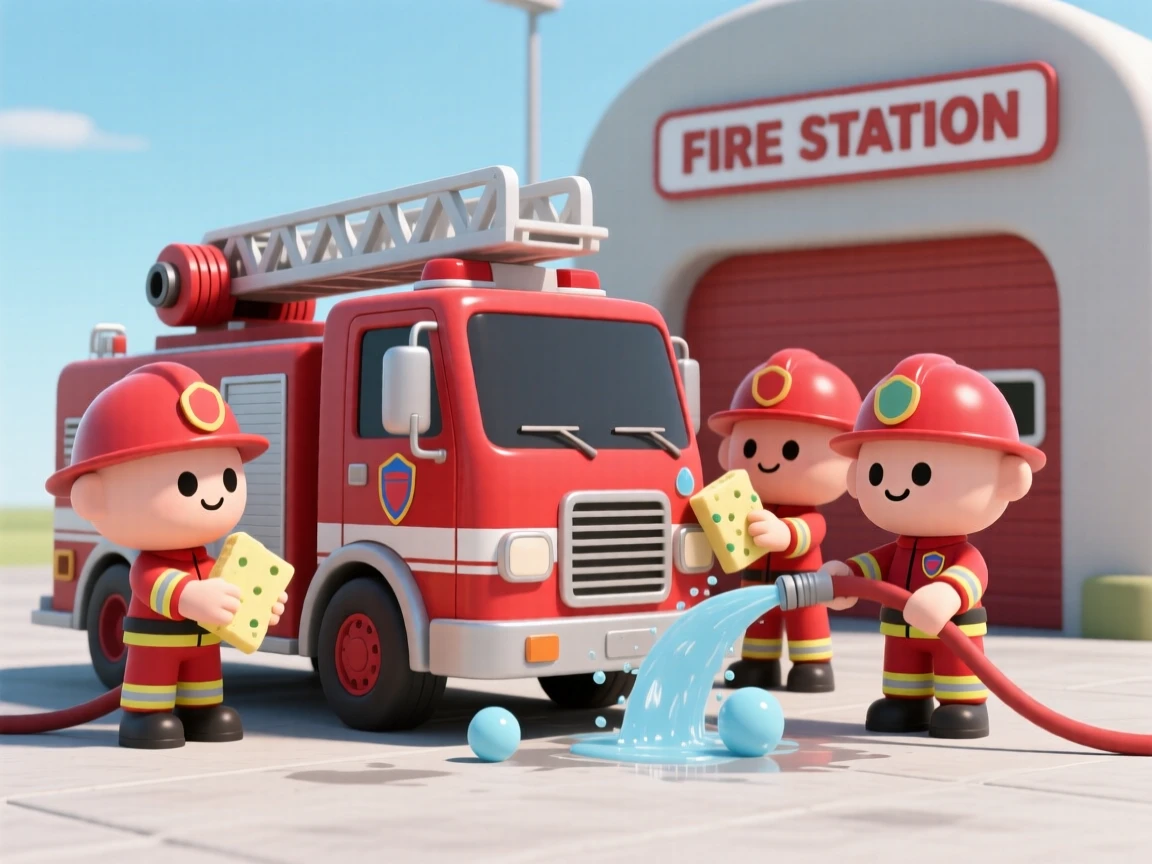 A proud fire station crew washes their gleaming red engine together on a sunny afternoon.